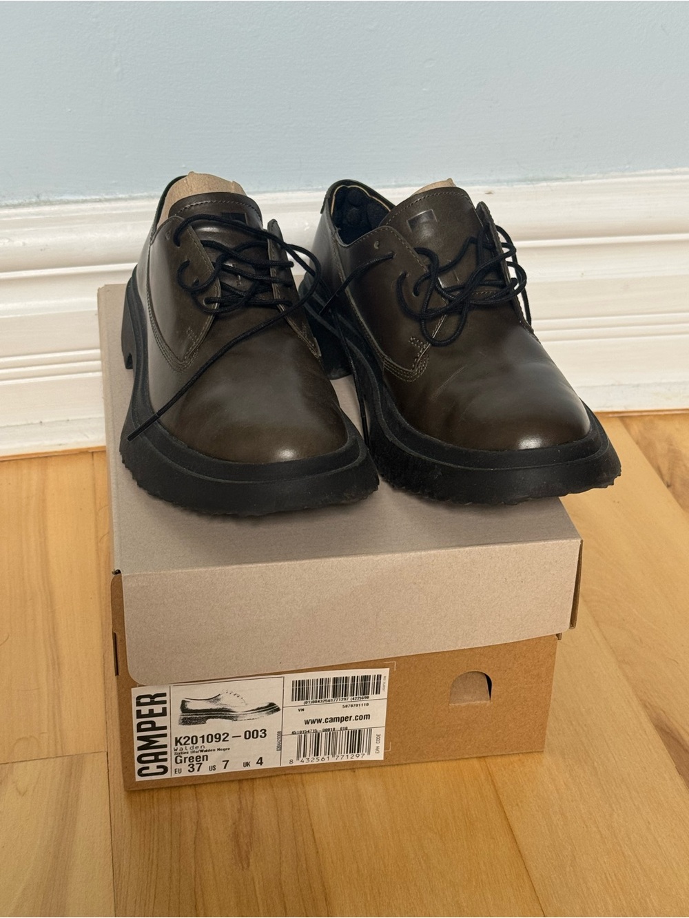 Camper Olive Green Leather Lace-Up Loafers